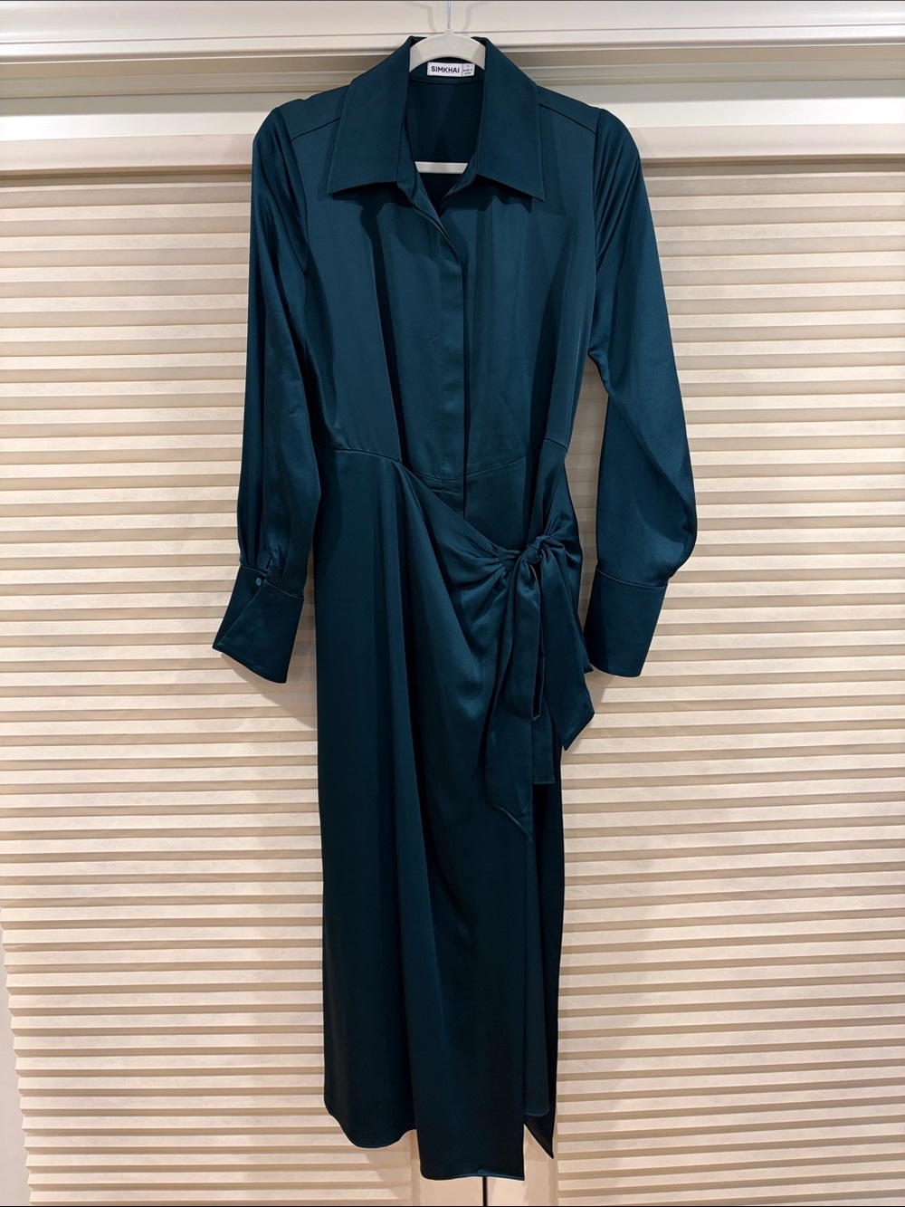 NWOT Simkhai Teal Satin Long Sleeve Midi Wrap Dress, Size US 6